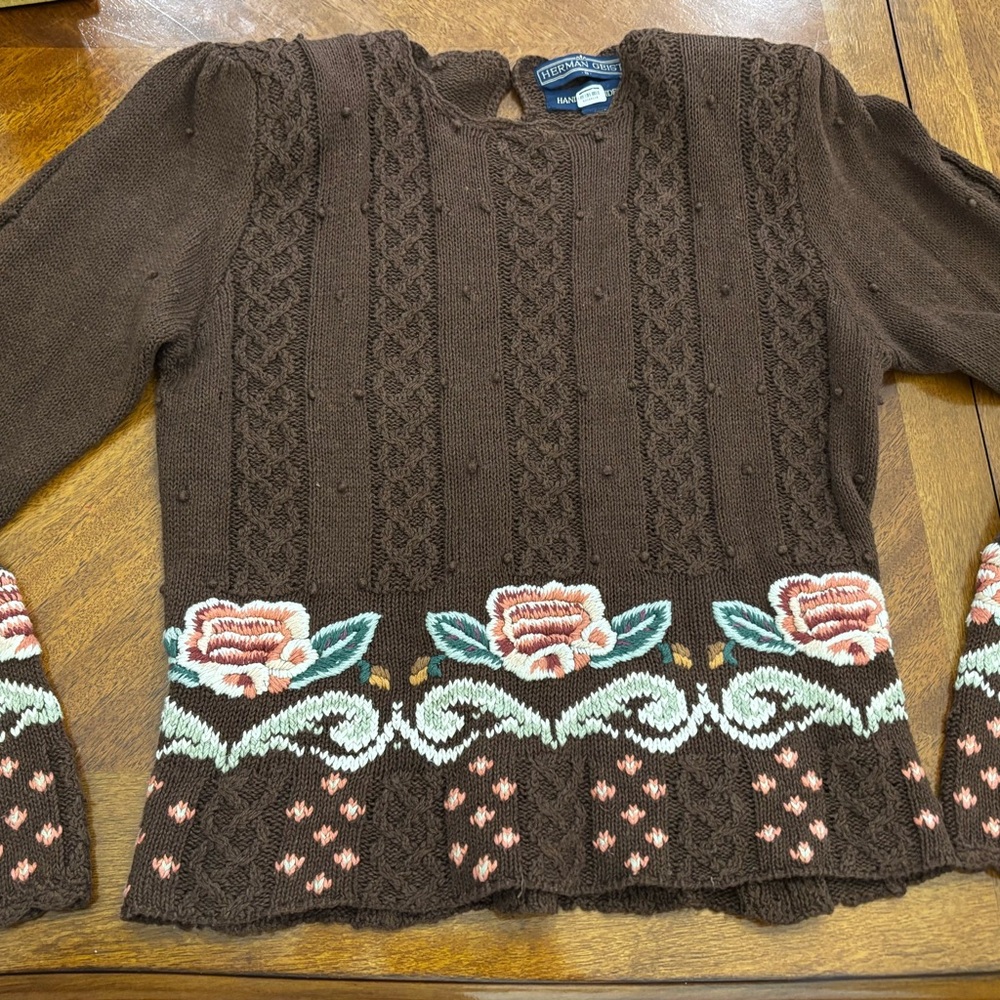 Handmade Brown Floral Cable Knit Crewneck Sweater